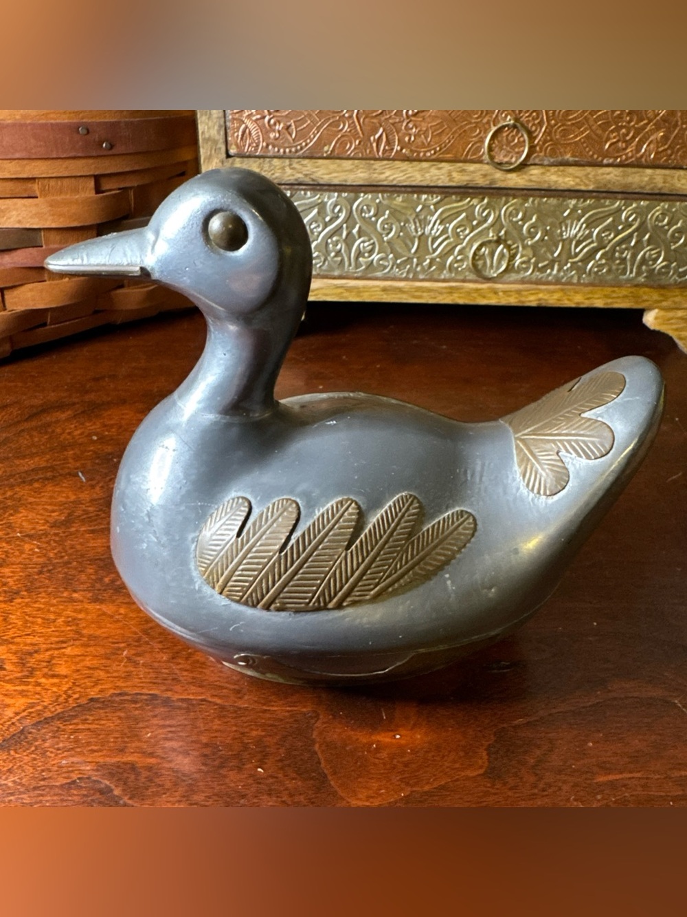 Handcrafted Ceramic Duck Sculpture - brass and pewter Decorative Accent trinket